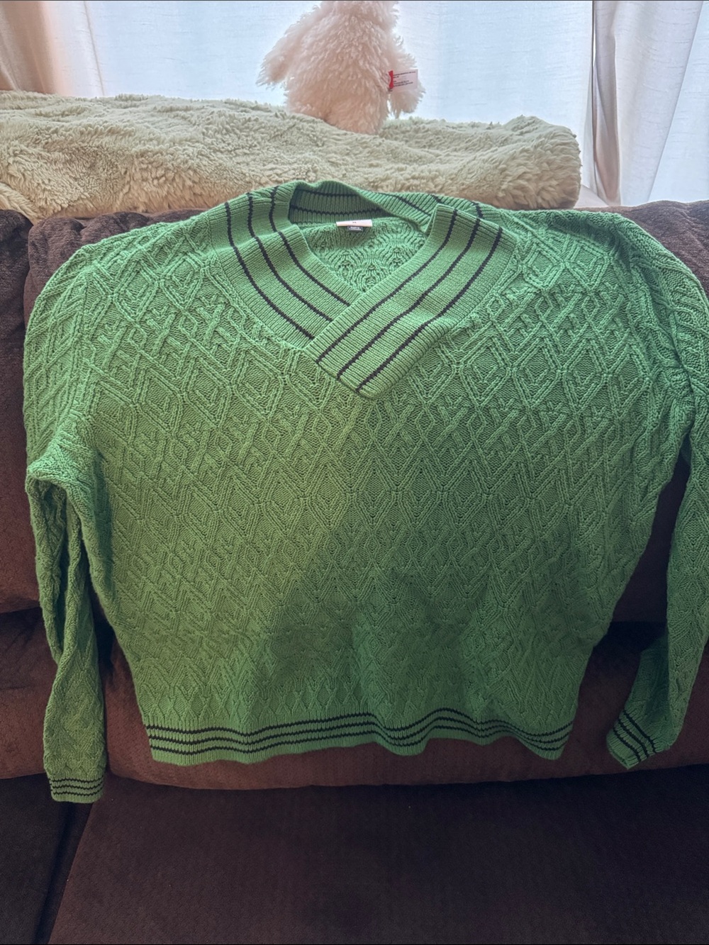 CAbi Bright Green Cable Knit Sweater with Black Stripe Trim